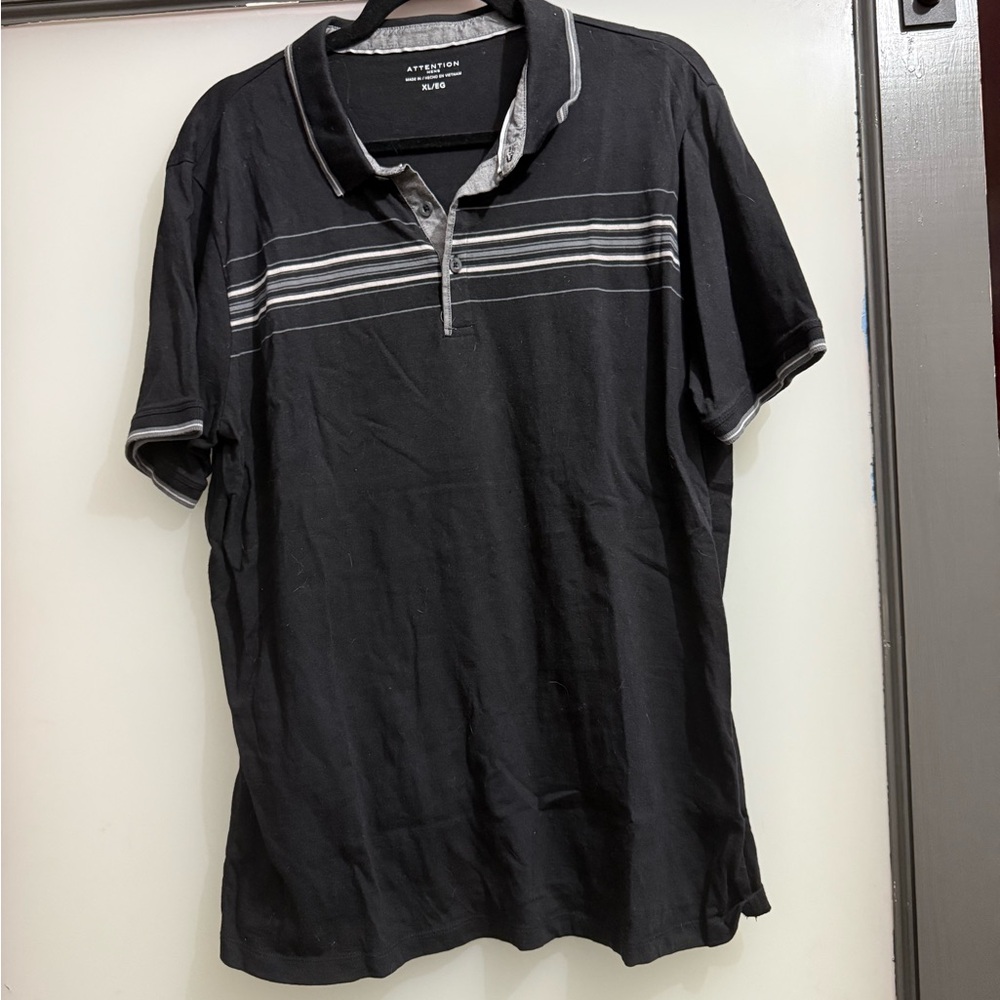 Attention Men's Black Polo Shirt with Gray Stripes